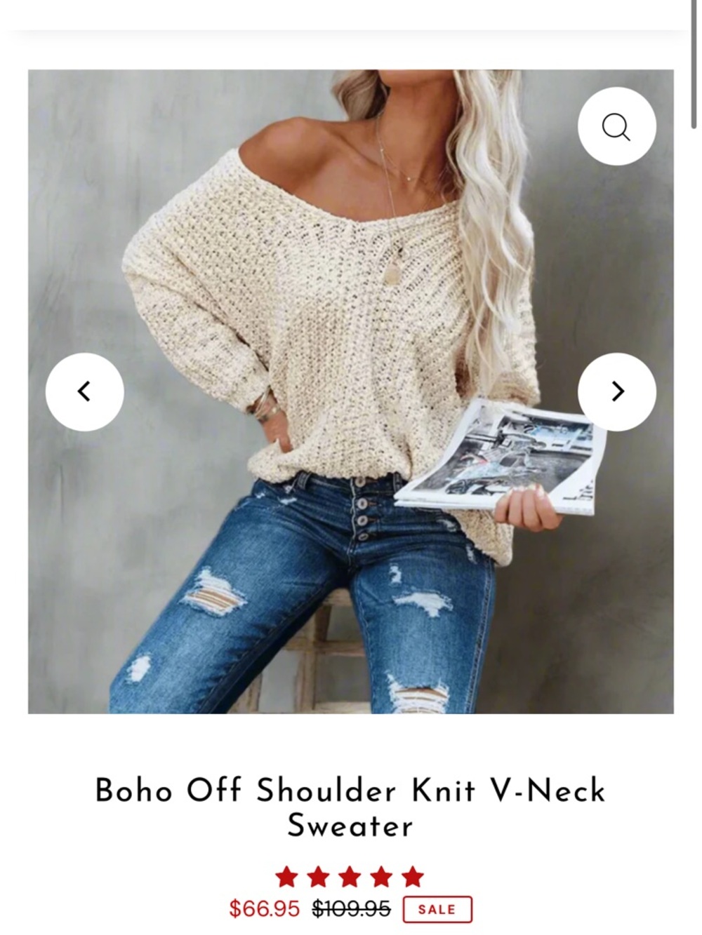 Off-the-Shoulder V-Neck Knit Sweater in Cream